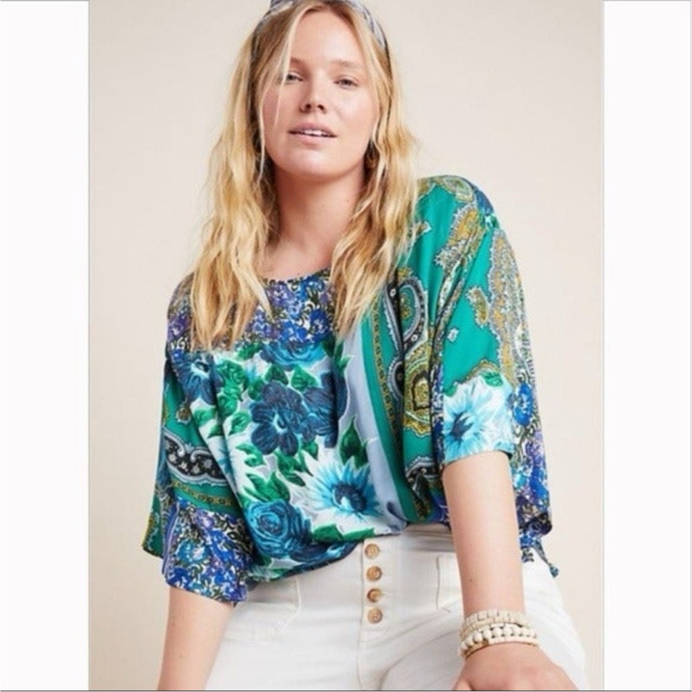 Anthropologie Tiny Floral Green and Blue Top NWT SZ 2X